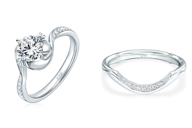 T MARK「情繫」系列18K 白色黃金美鑽戒指、周大福婚嫁系列PT950鉑金對裝戒指 —「微笑」