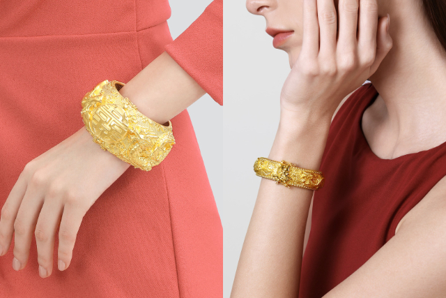 周生生龍鳳手鐲展示，設計融合龍與鳳的吉祥寓意，象徵高貴、和諧與成雙成對，為中式婚嫁中不可或缺的傳統金器之一，適合婚禮佩戴與送禮。