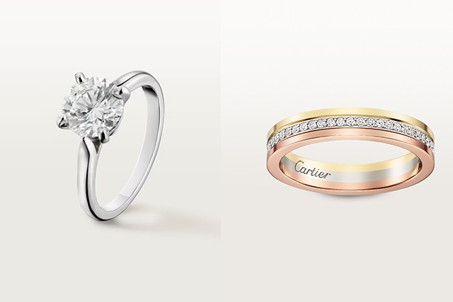 Solitaire 1895 單鑽戒指 搭配 Vendome Louis Cartier 鑲鑽結婚戒指