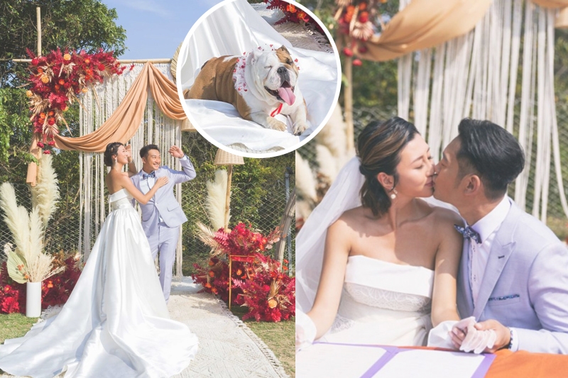 吳浩康郭思琳｜婚禮限聚令下戶外證婚儀式｜婚紗禮服造型、營地婚禮佈置、愛犬粉墨登場